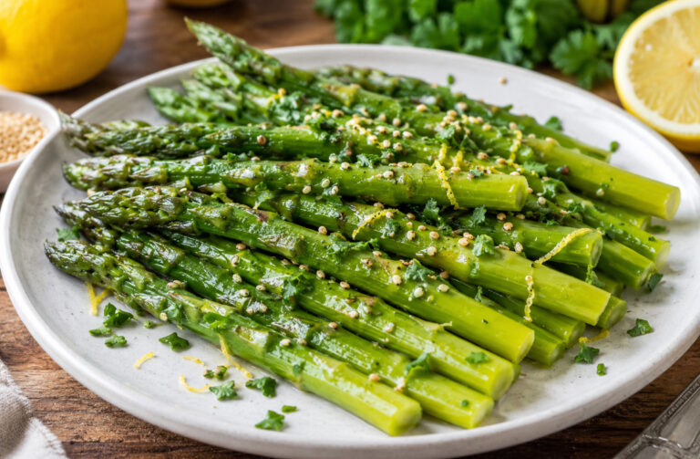 Asparagi funzionali con olio EVO, limone, prezzemolo e semi di sesamo